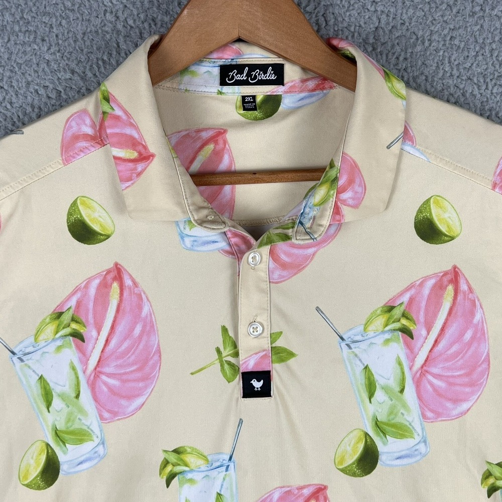 Bad Birdie Polo Shirt Mens XXL Yellow Pink Lime Drink Floral Allover Print S/S - Picture 2 of 12